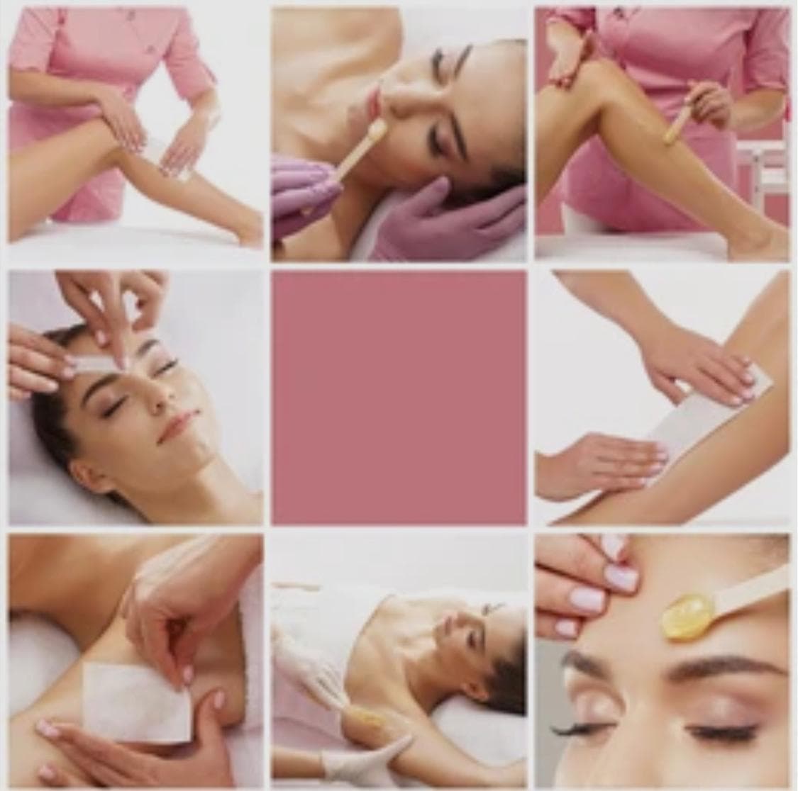 Collage of waxing treatments: leg, arm, underarm, lip and brow waxing